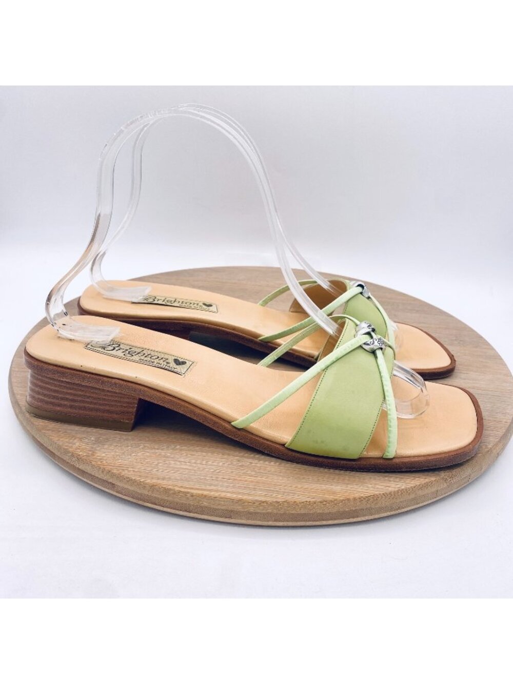 Brighton Sandals Womens 8.5 Green Leather Loreta Kitten Heels Italy